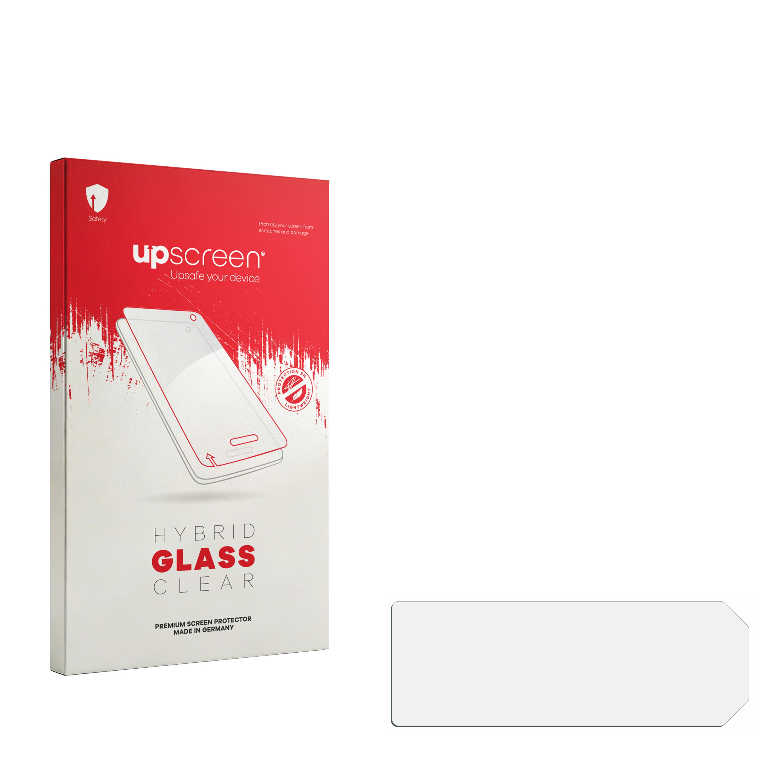 Verpackung für Displayschutzfolie 'upscreen HYBRID GLASS CLEAR'.