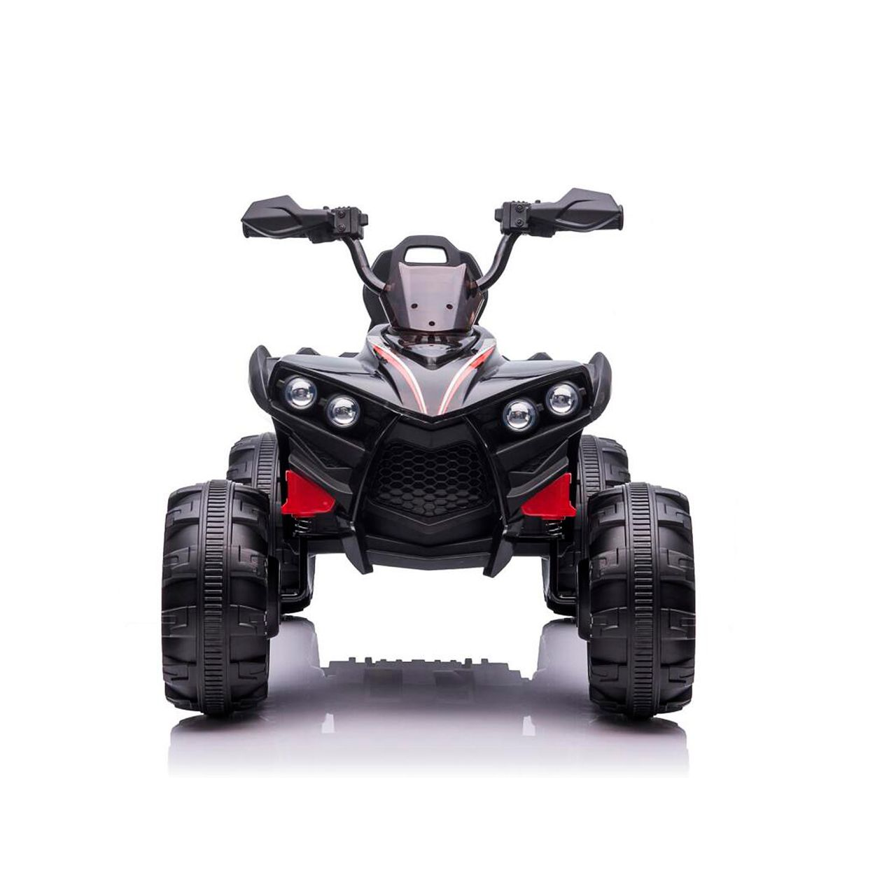 Ein schwarzer Kinder-Quad mit roten Akzenten und großen Reifen steht auf weißem Grund.