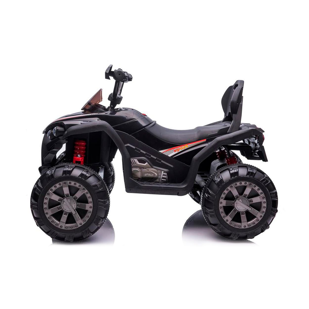 Schwarzer Kinder-Quad mit großen Reifen, roter Federung und Windschutzscheibe.