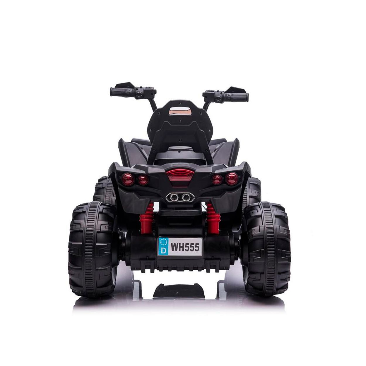 Schwarzer Spielzeug-ATV mit roten Akzenten, großen Rädern und Kennzeichen WH555.
