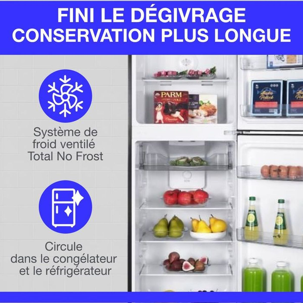 Kühl-/Gefrierschrank mit "Total No Frost"-Technologie, gefüllt mit Lebensmitteln.