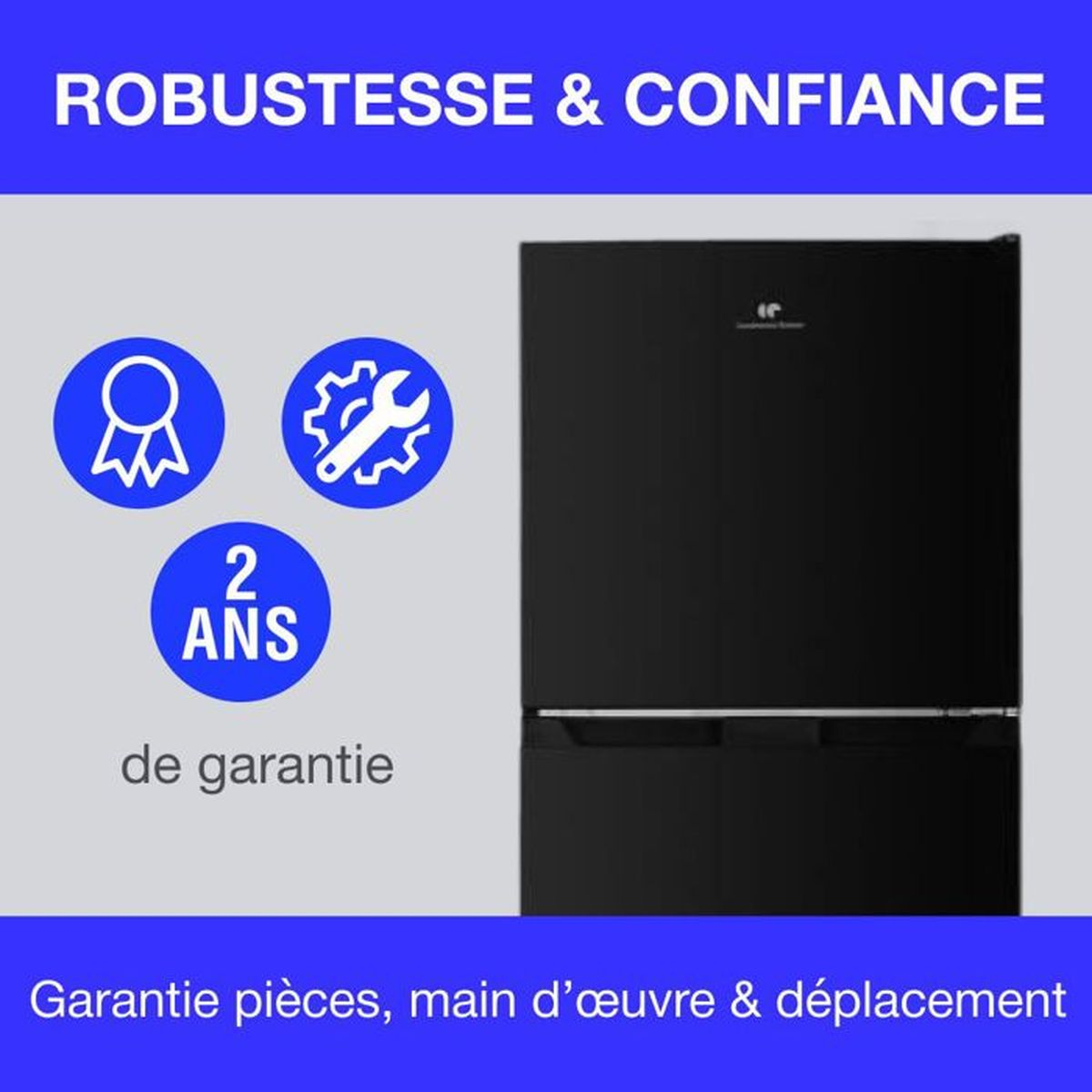Schwarzer Kühlschrank mit Garantie-Symbolen und Text 'Robustesse & Confiance'.