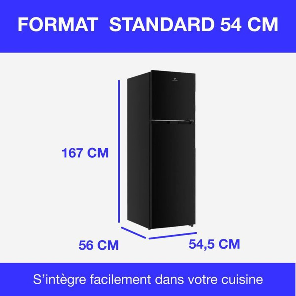 Schwarzer Kühlschrank, 167x56x54,5 cm, Standardformat.