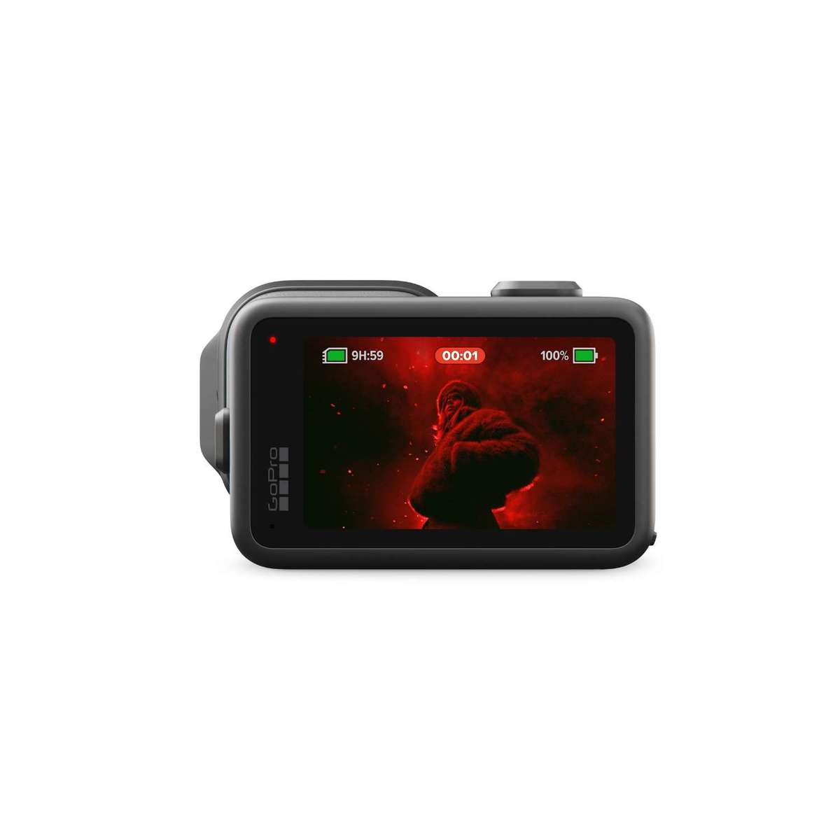 Kırmızı arka planlı ve kişili GoPro, 9:59 süre kaldı.
