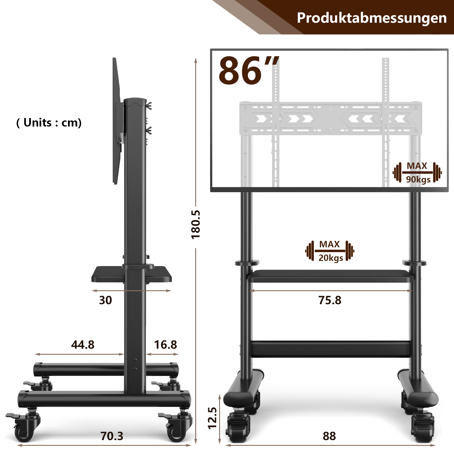 Ein schwarzer TV-Ständer mit Rollen für 86-Zoll-Fernseher, mit Maßen.