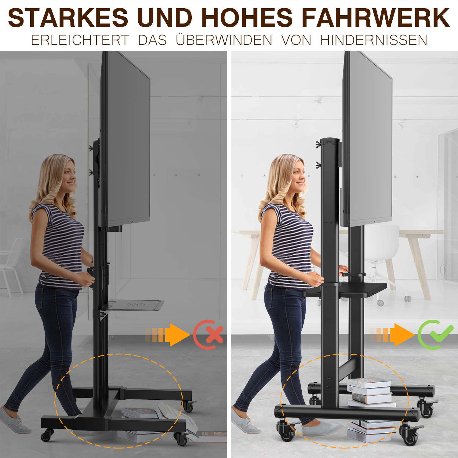Frau neben einem TV-Ständer mit Rädern. Links blockiert er Bücher, rechts sind sie frei.