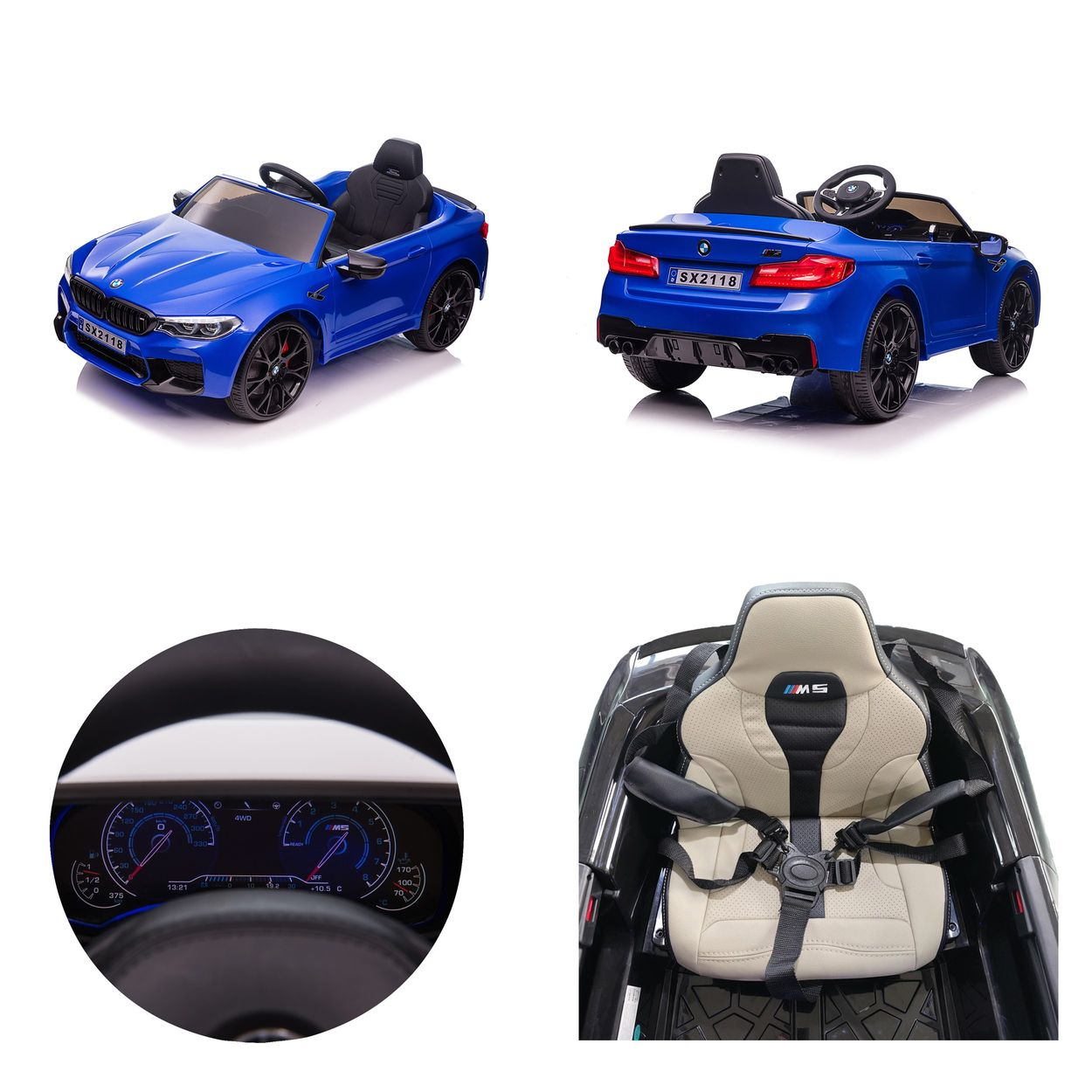 Blaues Elektroauto mit schwarzen Rädern, Innenraumdetails und Armaturenbrett.