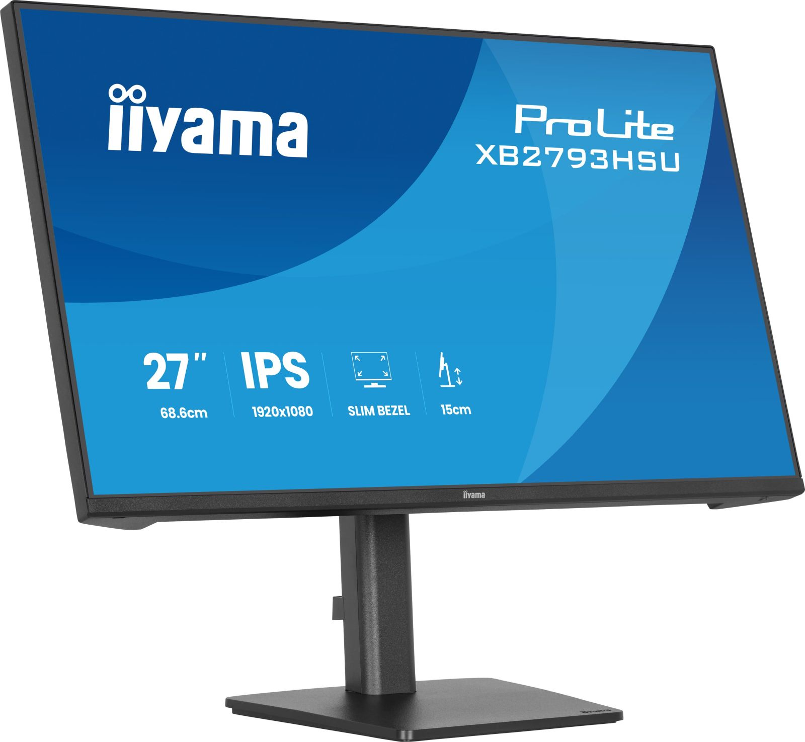 Ein schwarzer iiyama Monitor mit silbernem Ständer steht auf einem weißen Hintergrund.