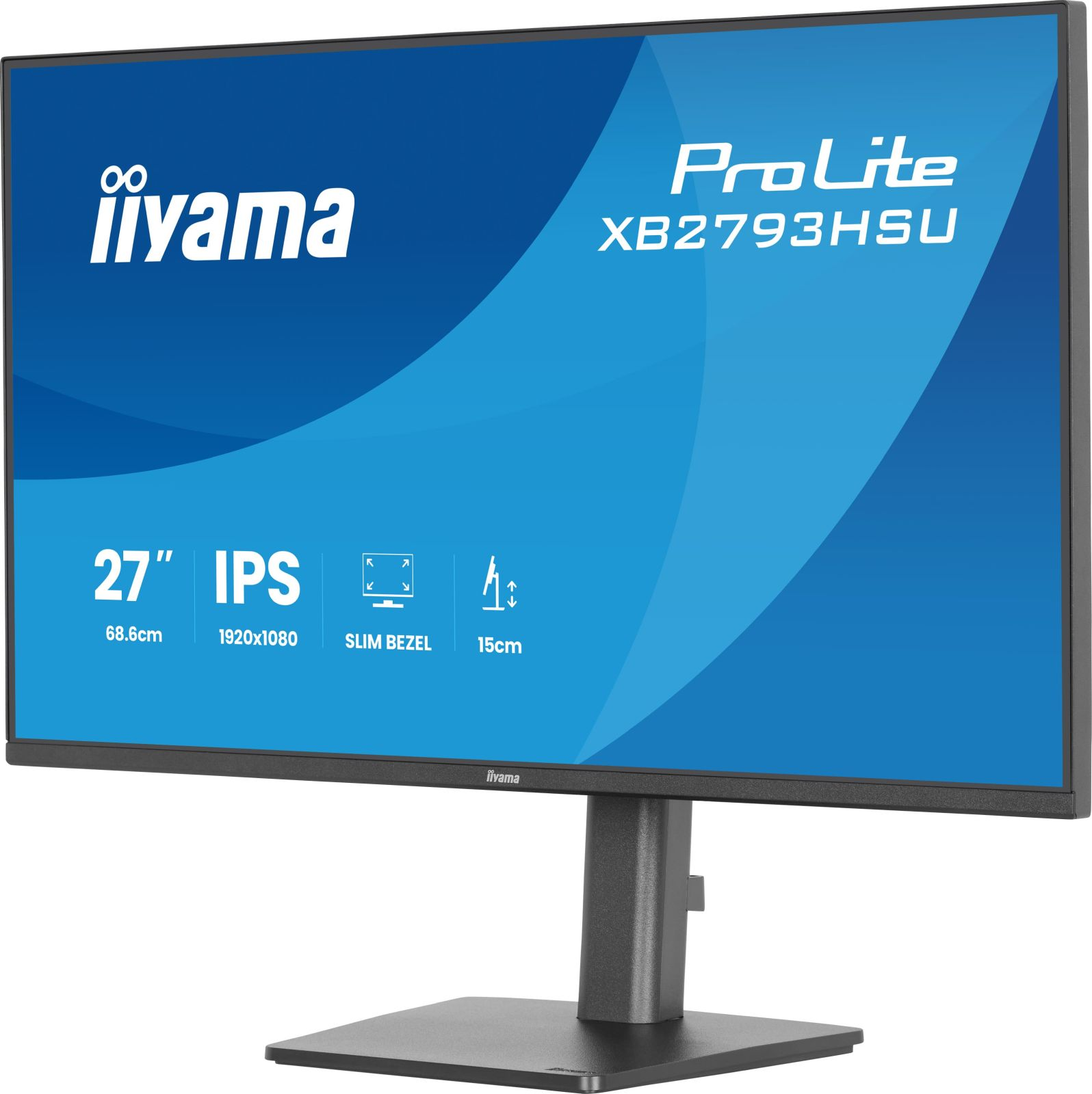 Ein silberner Iiyama Monitor mit blauem Hintergrund und weißen Texten.