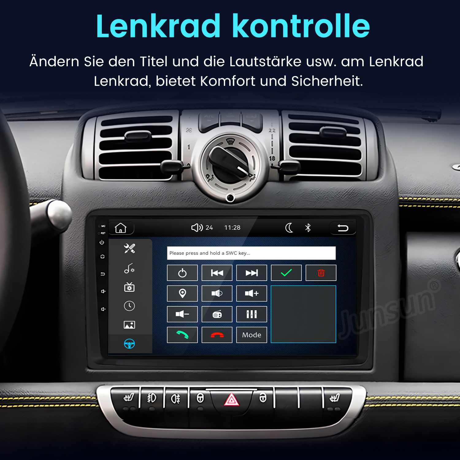 Ein Autoradio mit Touchscreen zeigt Lenkradsteuerungsoptionen.