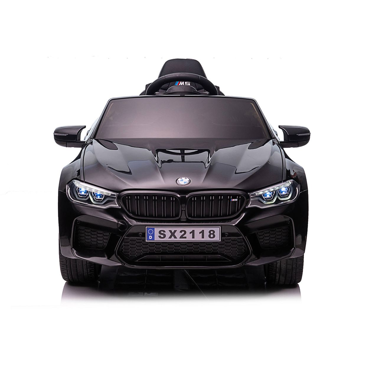 Schwarzer BMW M5 Spielzeugauto mit leuchtenden Scheinwerfern und Kennzeichen SX2118.