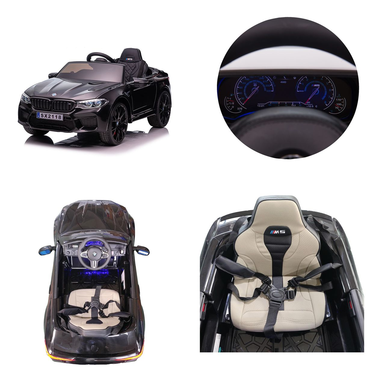 Schwarzes Spielzeugauto mit Ledersitz, Armaturenbrett und Lenkrad.