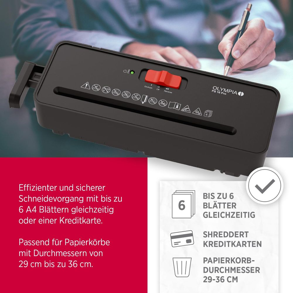Ein Olympia Aktenvernichter zerkleinert 6 Blätter oder Kreditkarten.