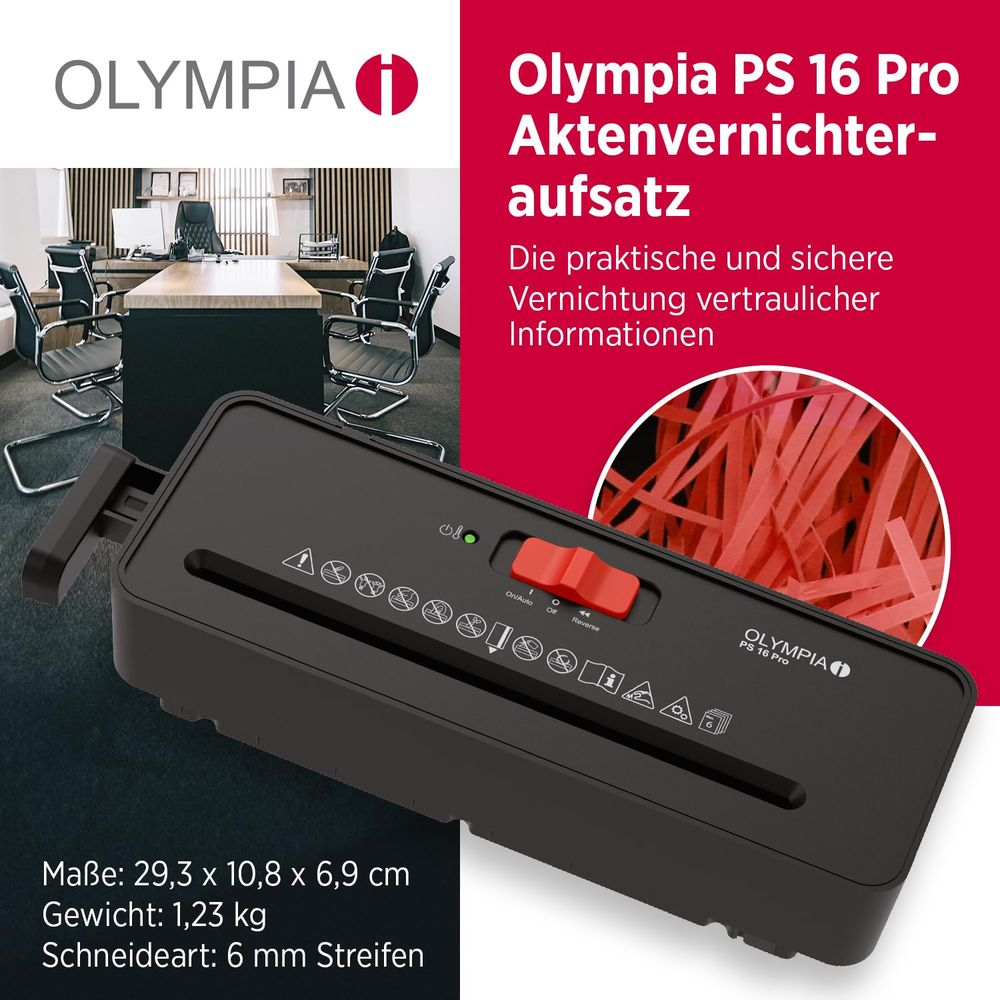 Ein schwarzer Aktenvernichter mit roten Streifen und Bürorückwand.