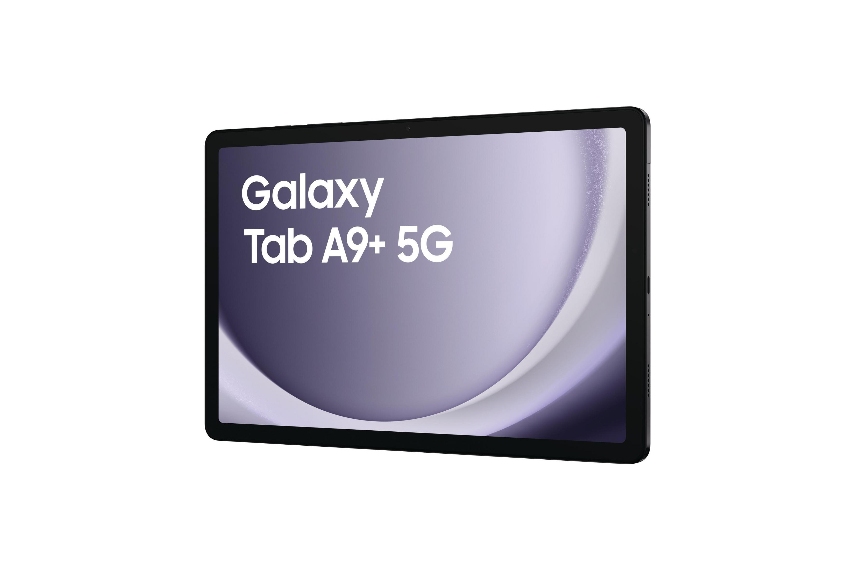 Ein schwarzes Tablet mit „Galaxy Tab A9+ 5G“ auf dem Bildschirm.