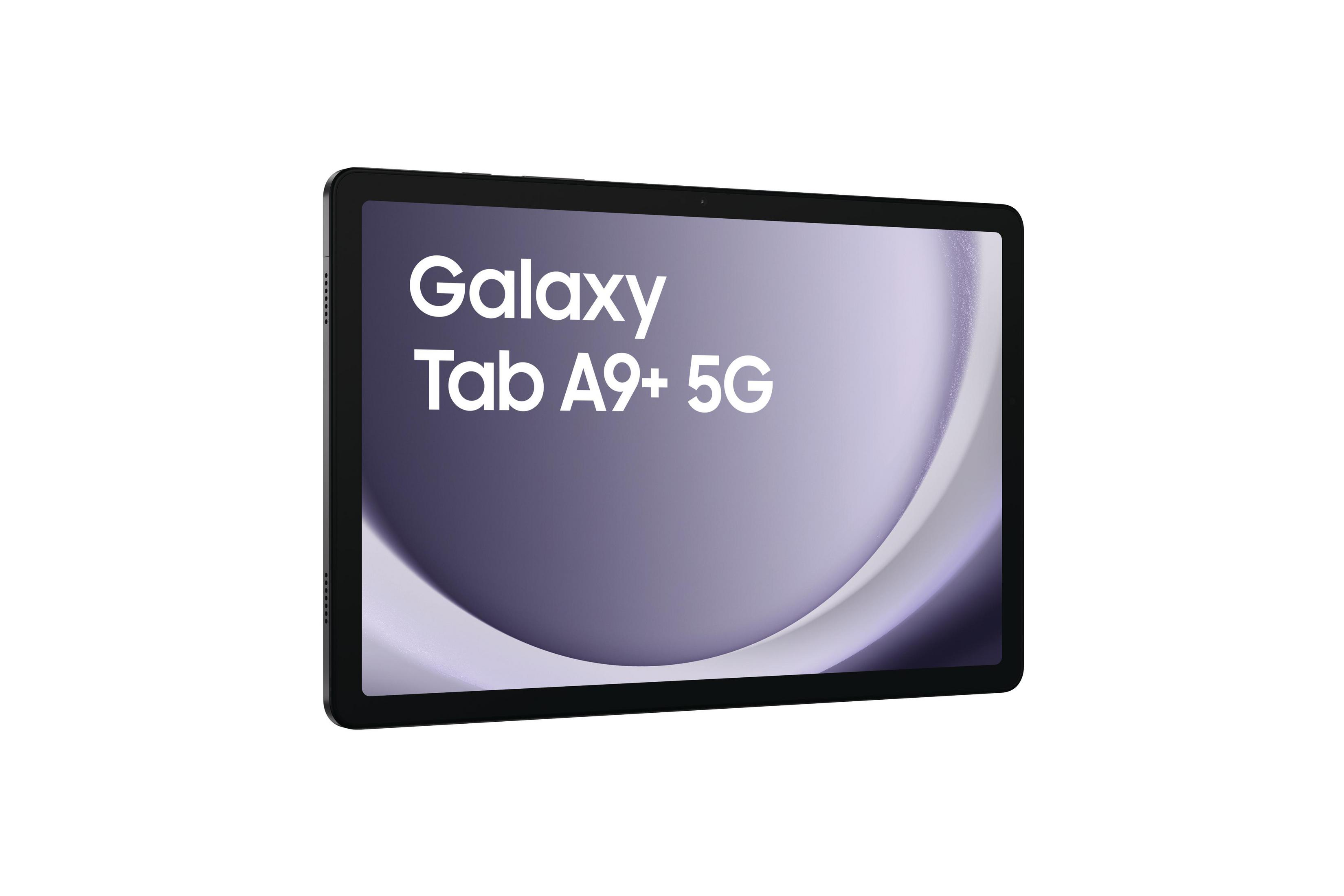 Ein schwarzes Samsung Galaxy Tab A9+ 5G Tablet mit einem violetten Hintergrund auf dem Bildschirm.