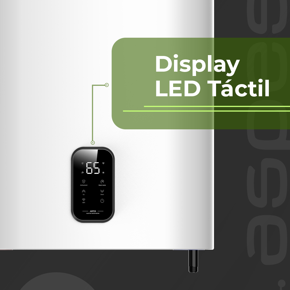 Un calentador de agua blanco moderno con pantalla digital LED táctil.
