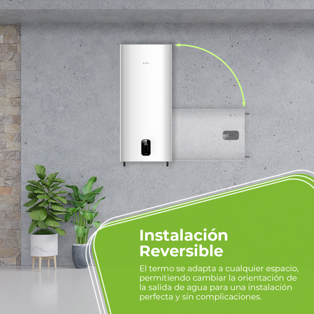 Un termo blanco en pared de hormigón, con plantas. Flecha indica instalación reversible.