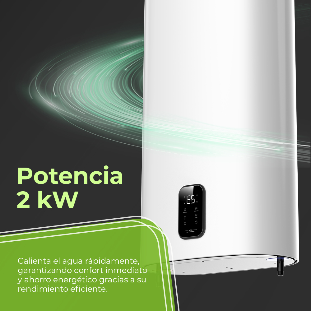 Un calentador de agua blanco con pantalla digital y líneas de efecto verde.