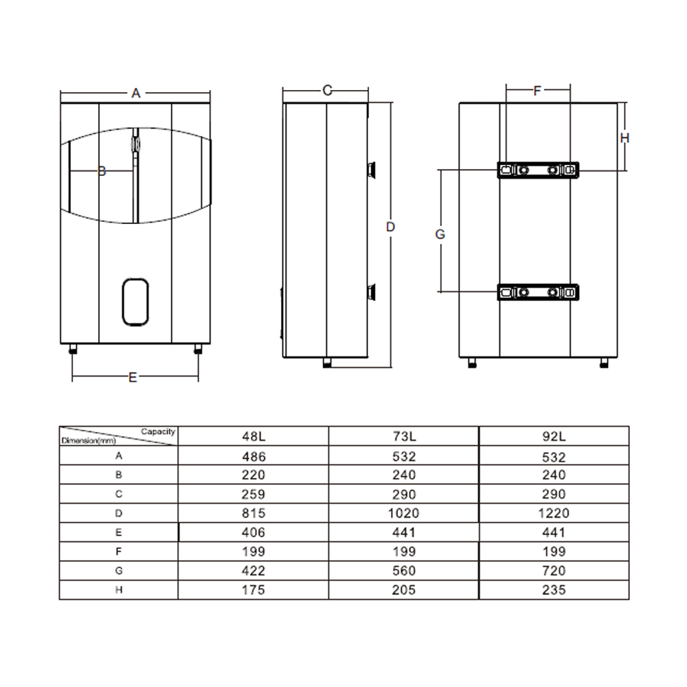 Dibujo técnico de un tanque de agua con dimensiones y capacidades.