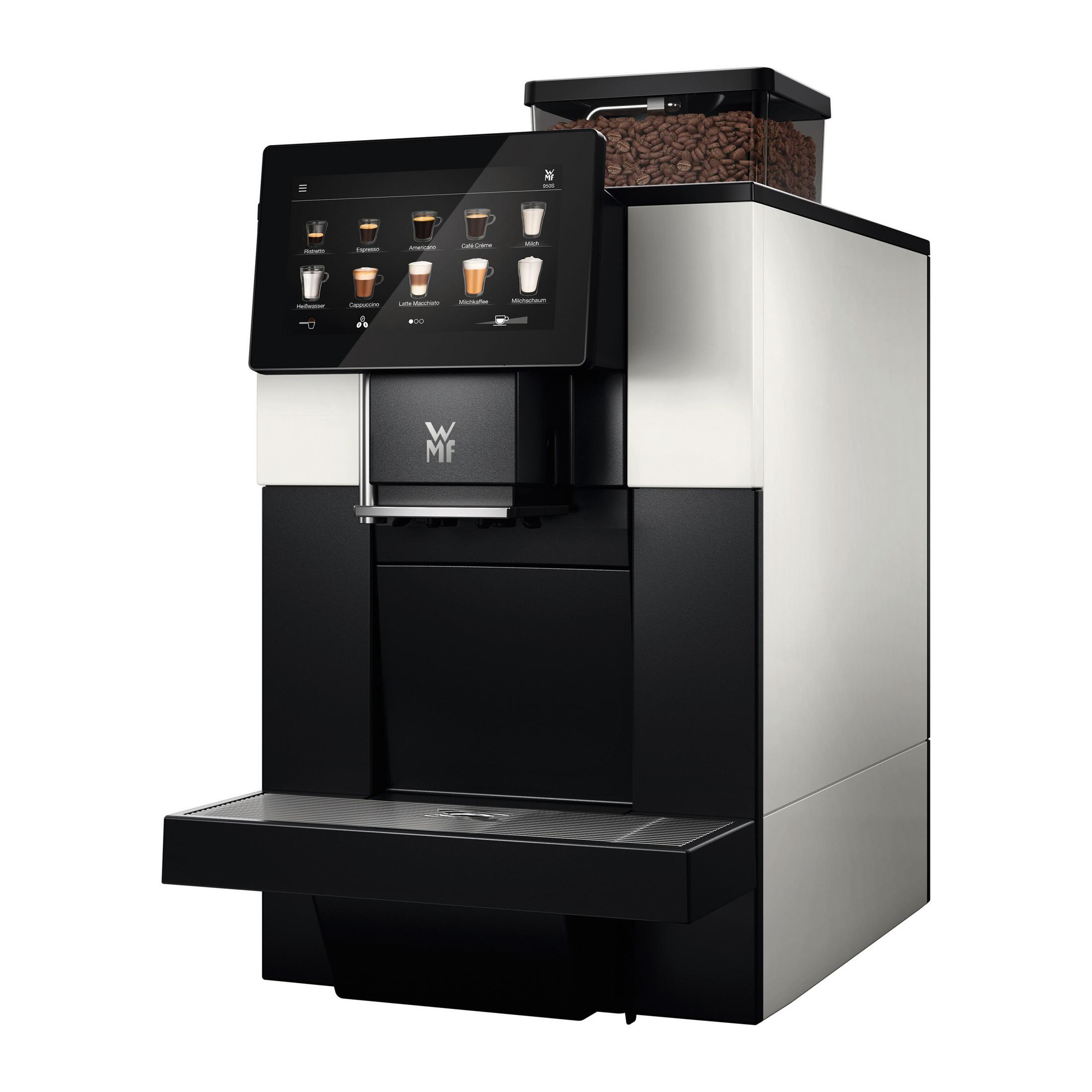 Kaffeemaschine mit Touchscreen, Kaffeebohnenbehälter und verschiedenen Getränkeoptionen.