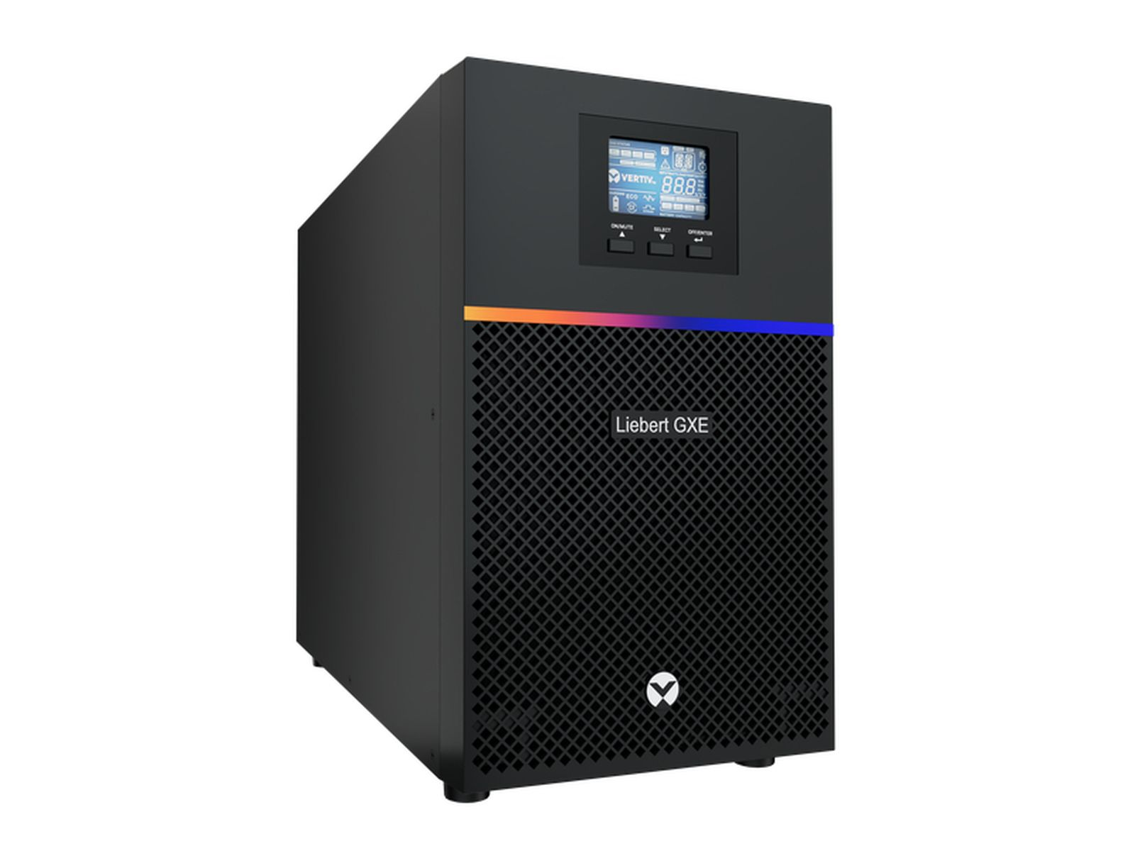Torre UPS nera con schermo e pannello frontale ventilato.
