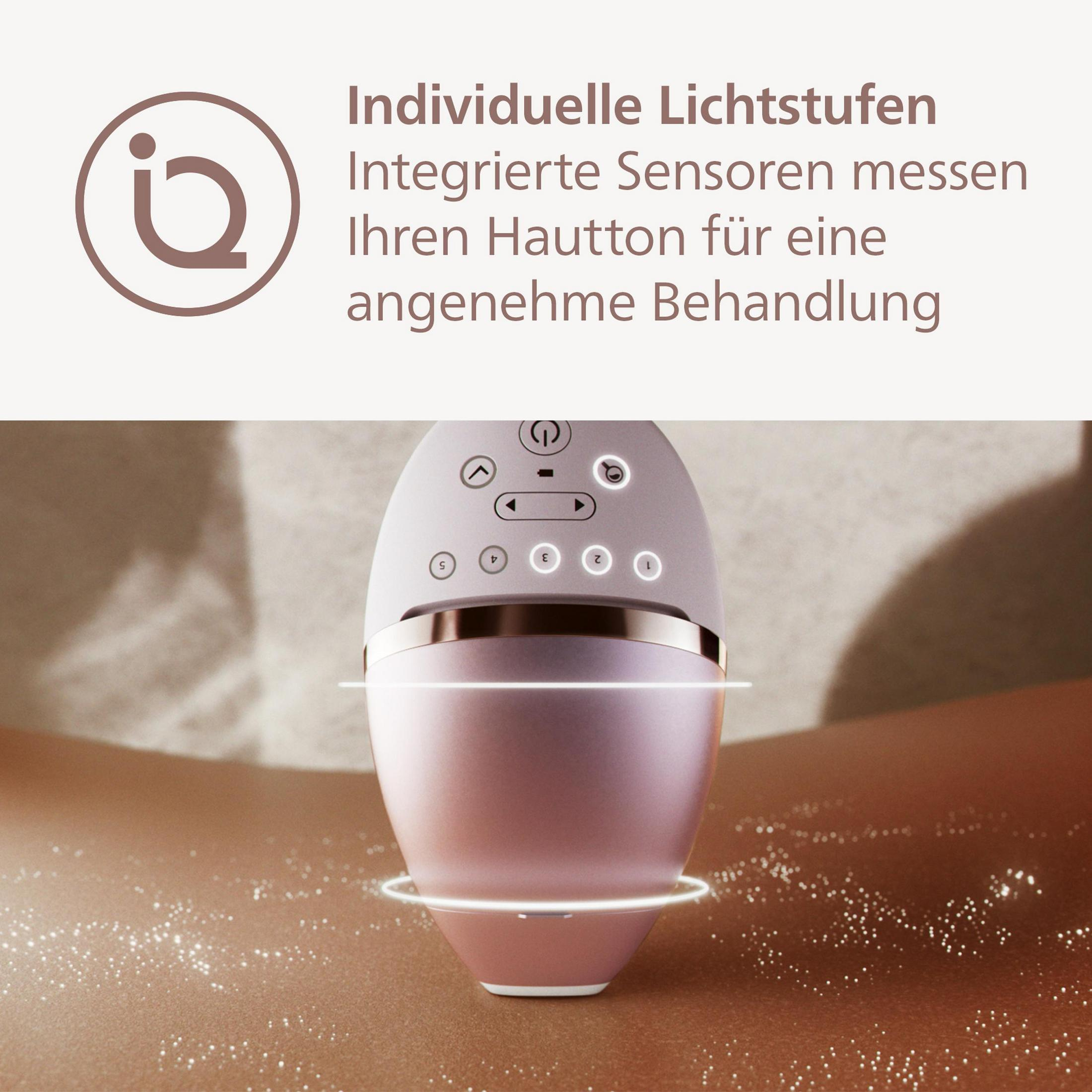 Ein rosafarbenes Haarentfernungsgerät mit Knöpfen und einem Display, das auf Haut angewendet wird.