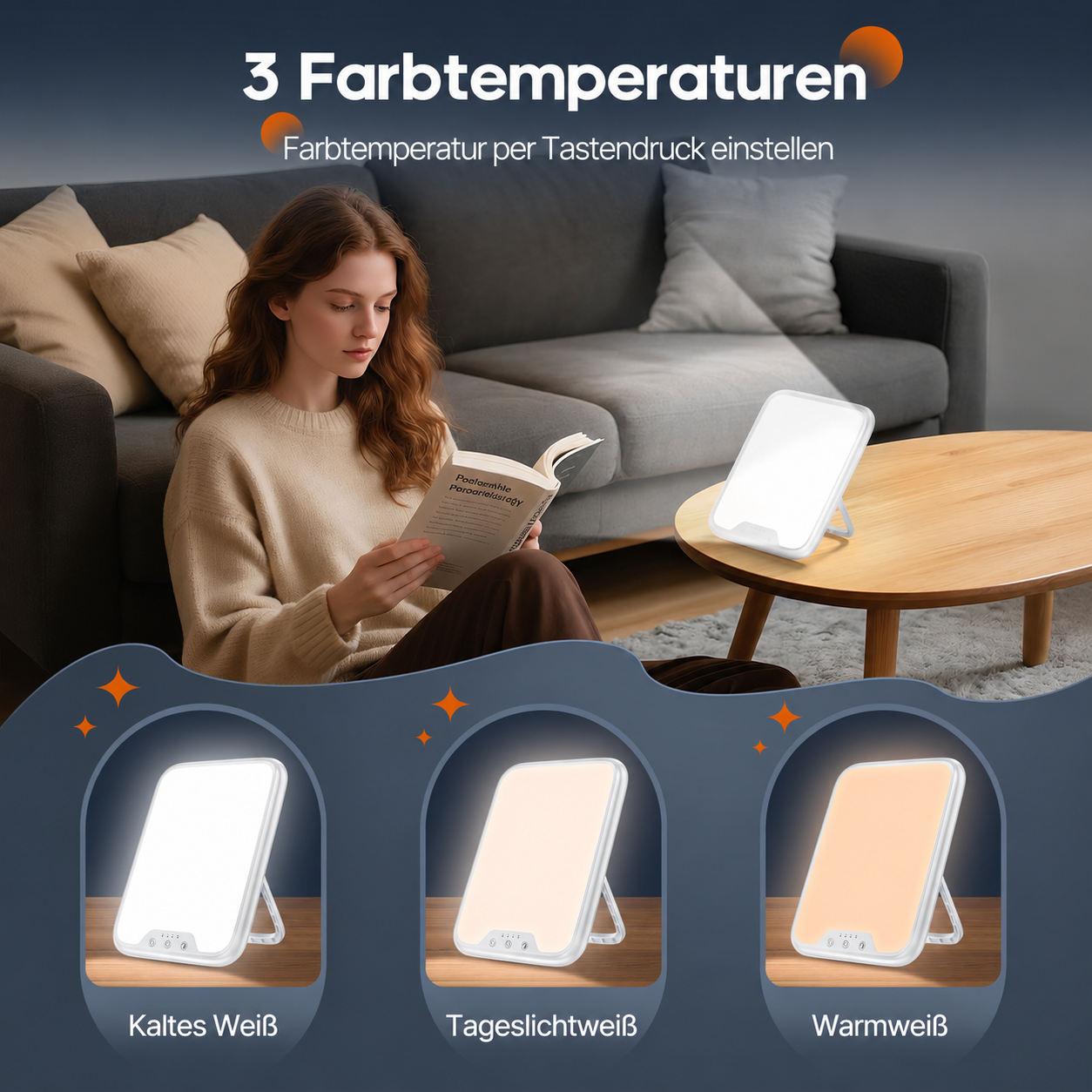 Frau liest auf Couch neben Tisch mit Lichttherapielampe, die 3 Farbtemperaturen zeigt.