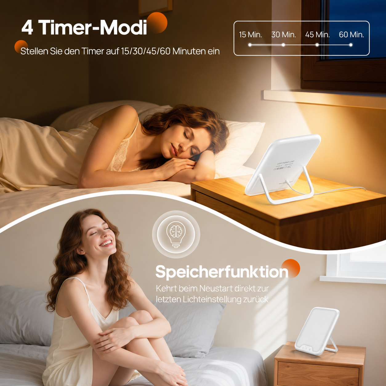 Frau schläft im Bett, Lampe auf Nachttisch. Unten sitzt Frau auf Bett, Lampe auf Nachttisch.