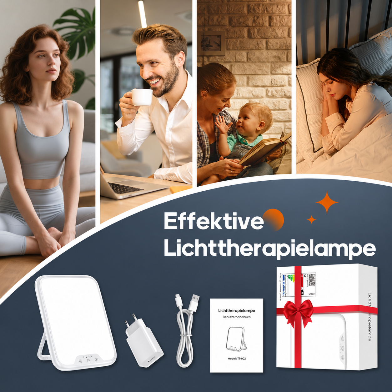 Collage zeigt Menschen bei verschiedenen Aktivitäten und ein Lichttherapiegerät.