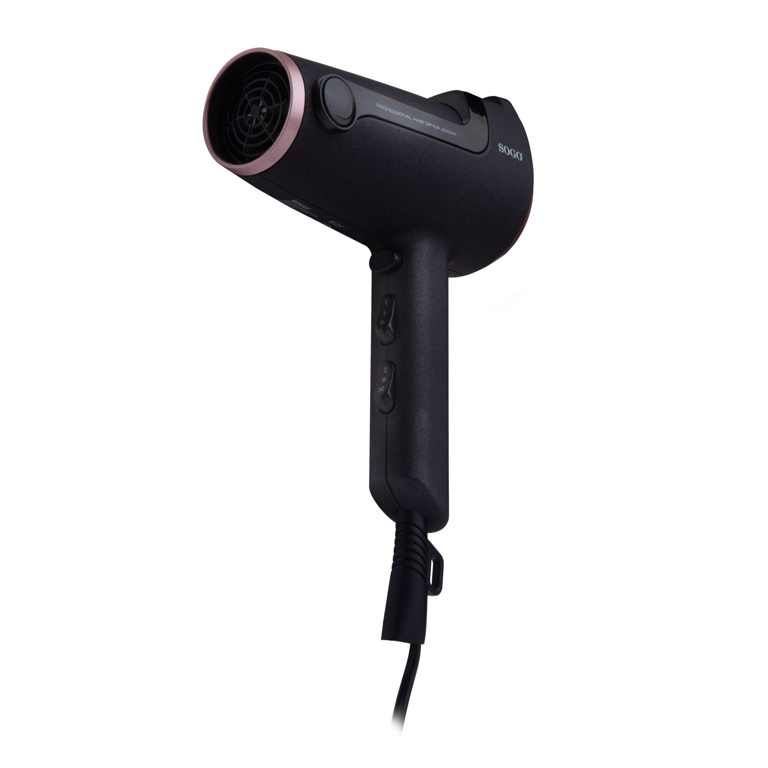 Secador de pelo negro con detalles en oro rosa y controles.