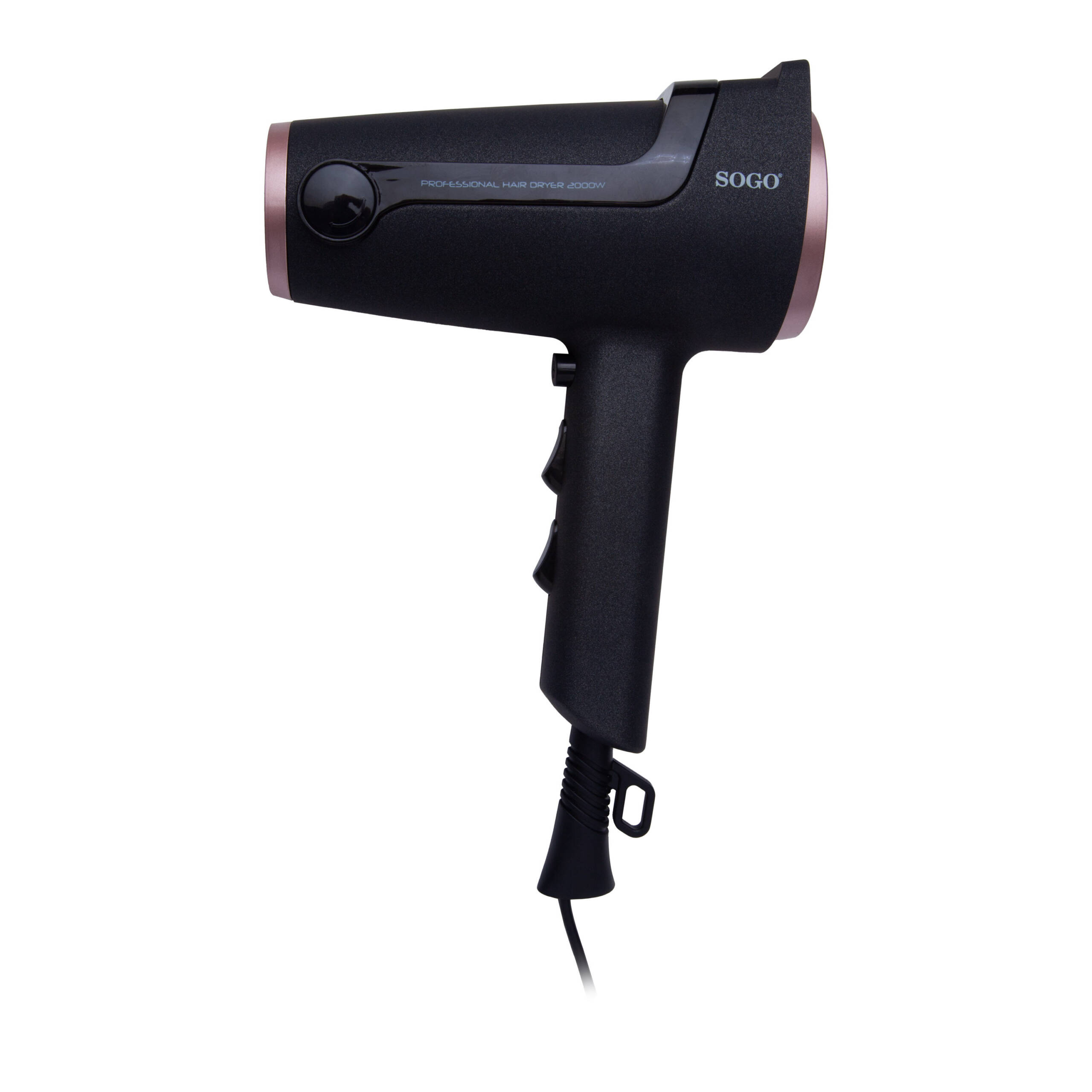 Secador de pelo negro con detalles en oro rosa y logo Sogo.