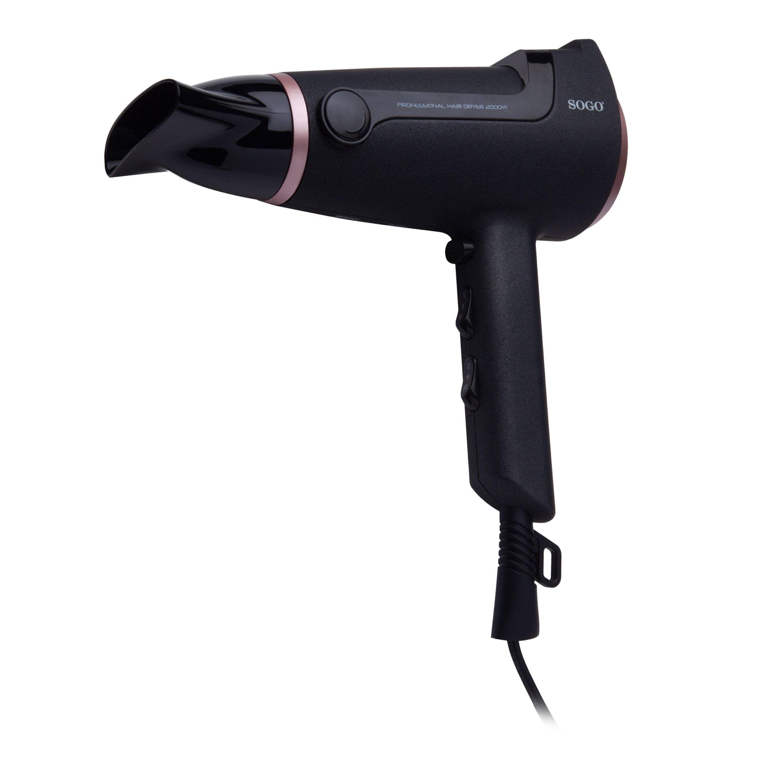 Un secador de pelo Sogo negro con detalles y controles en oro rosa.