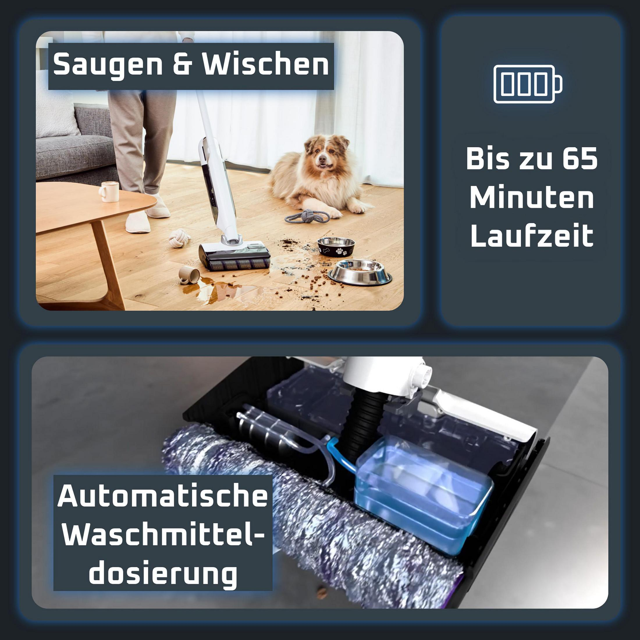 Ein Hund liegt auf dem Boden, während eine Person saugt und wischt. Batterieanzeige.
