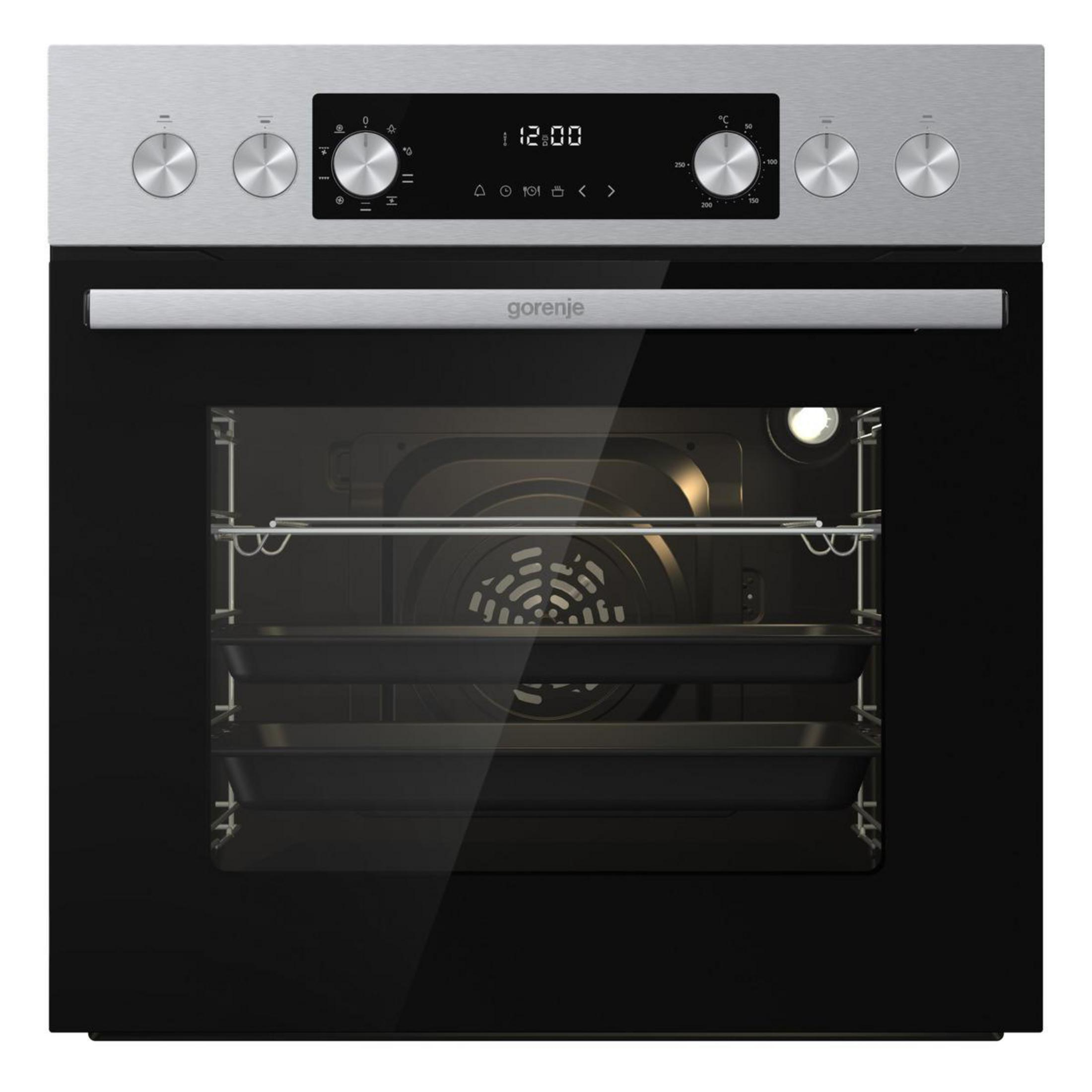 Ein moderner Gorenje-Ofen mit digitaler Zeitanzeige und Drehreglern.