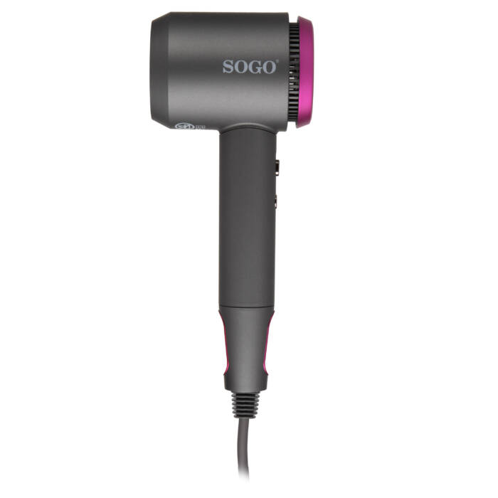 Asciugacapelli grigio con accenti rosa e logo Sogo.
