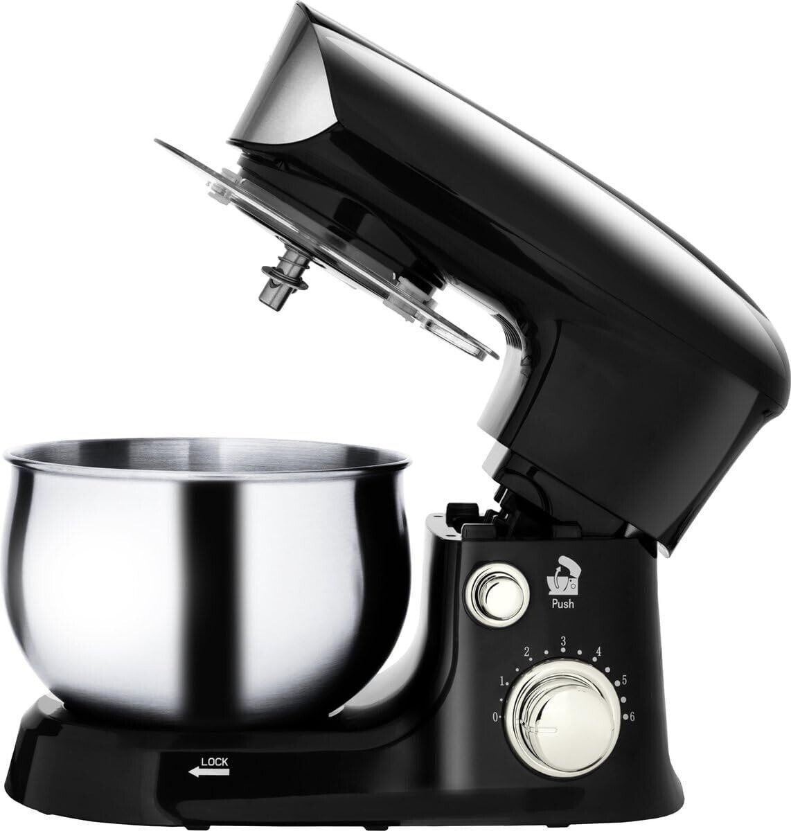 Schwarzer Standmixer mit Edelstahlschüssel, kippbarem Kopf und Geschwindigkeitsregler.