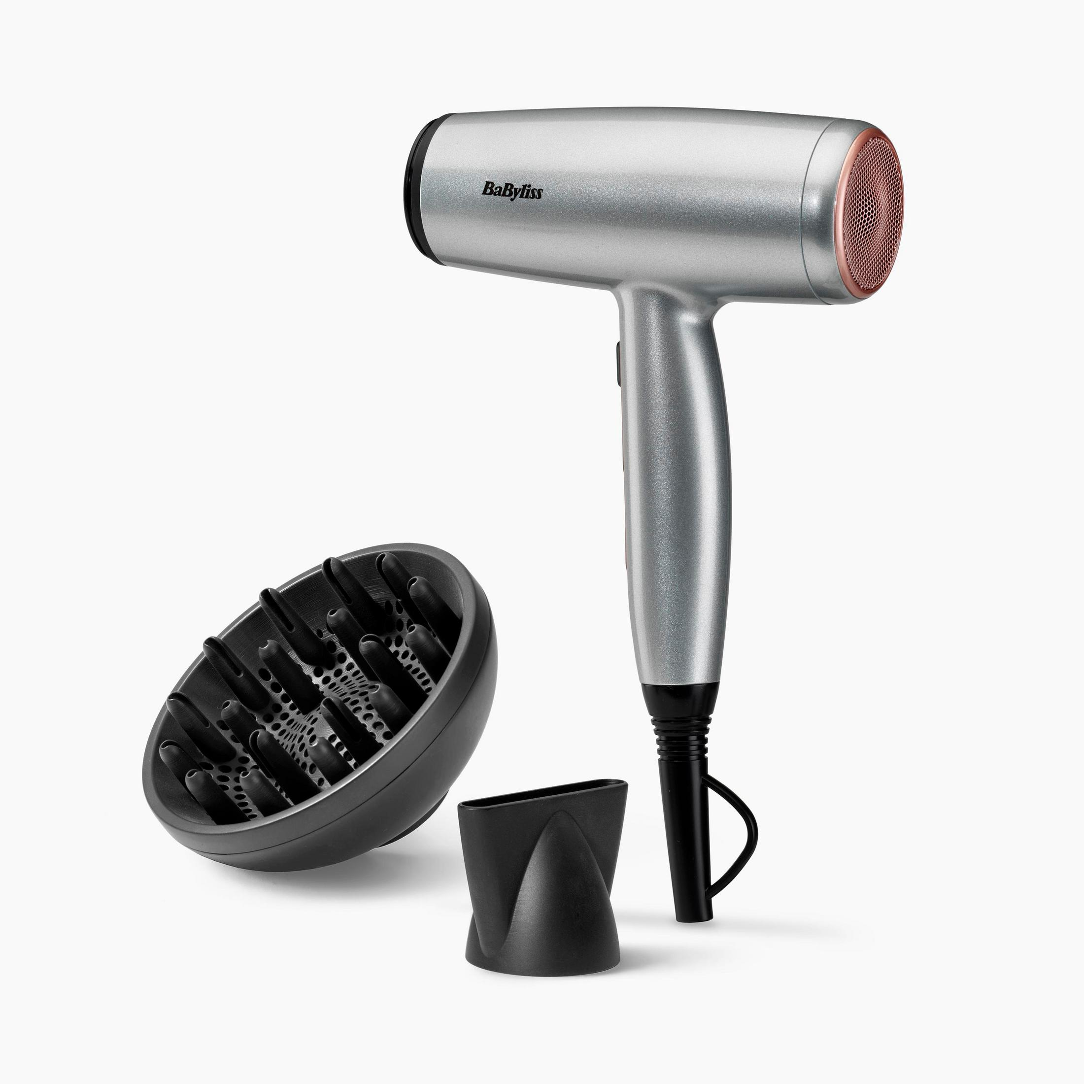 Silver hairdryer with diffuser and nozzle on a white background.