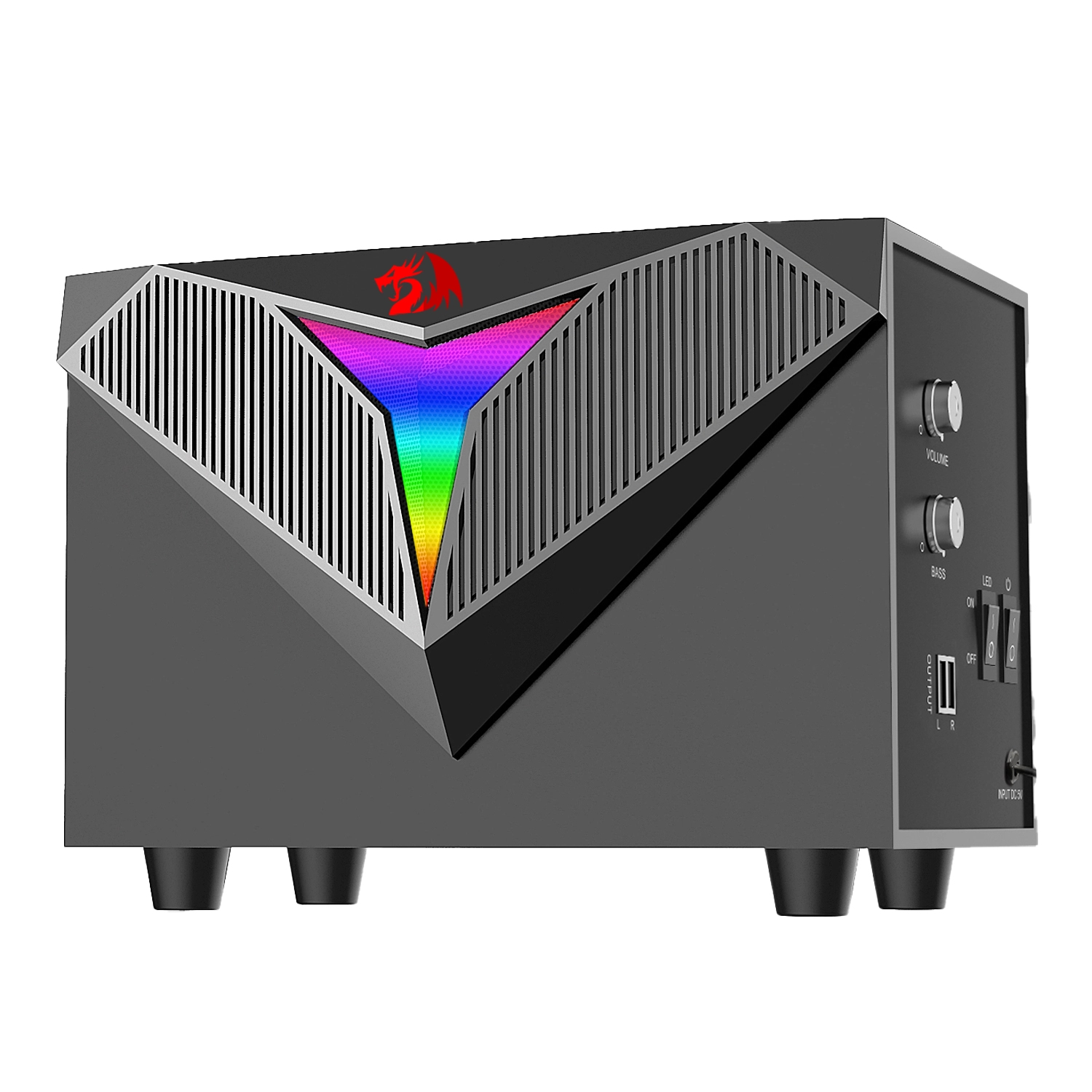 Amplificatore grigio con illuminazione RGB, controlli volume e bassi.