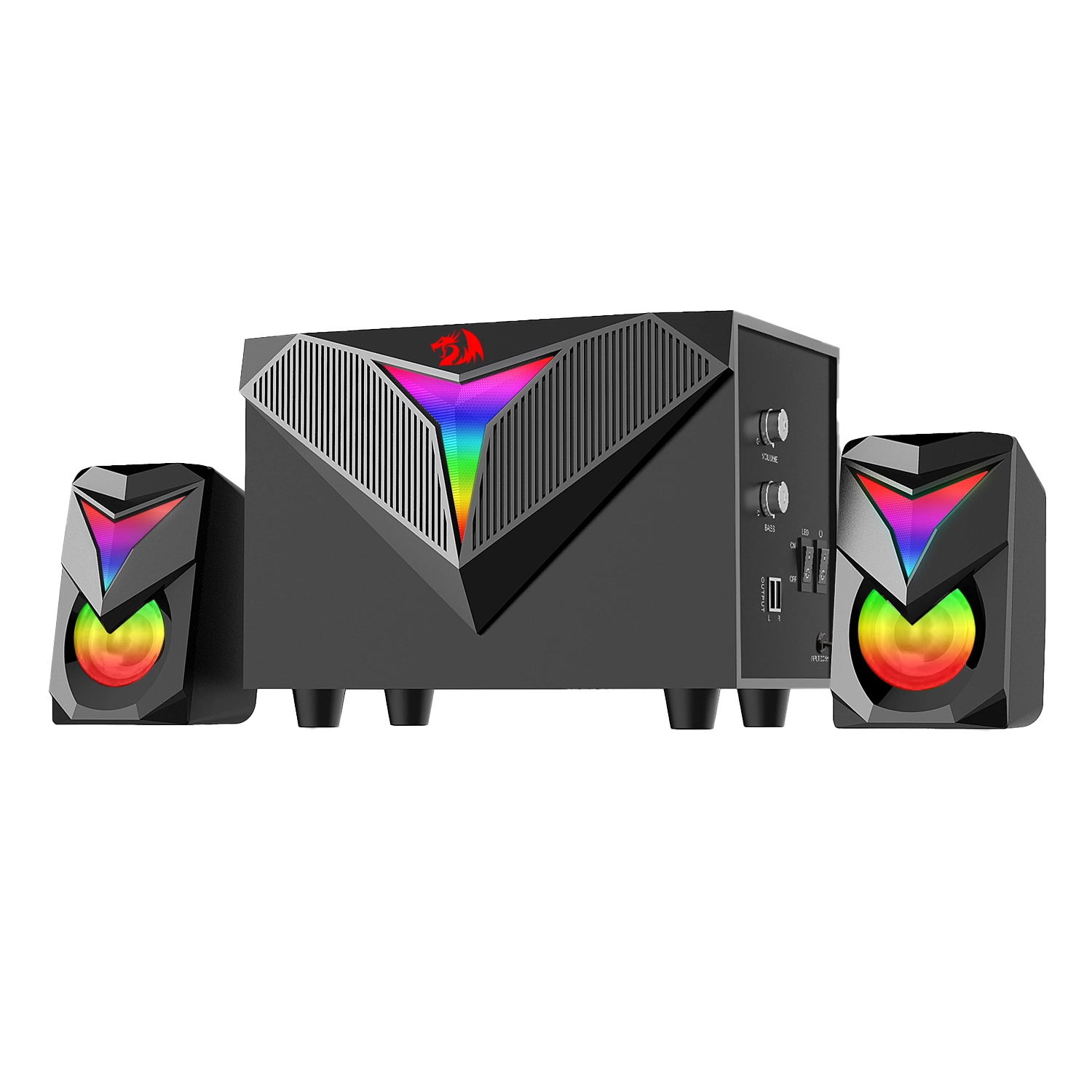 Set di altoparlanti neri con illuminazione RGB e logo drago rosso.