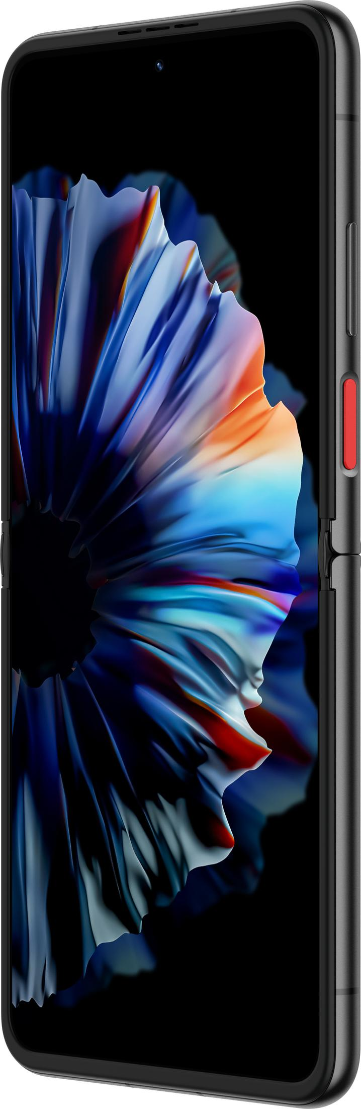Ciemny smartfon wyświetlający kolorowy, abstrakcyjny obraz na ekranie.