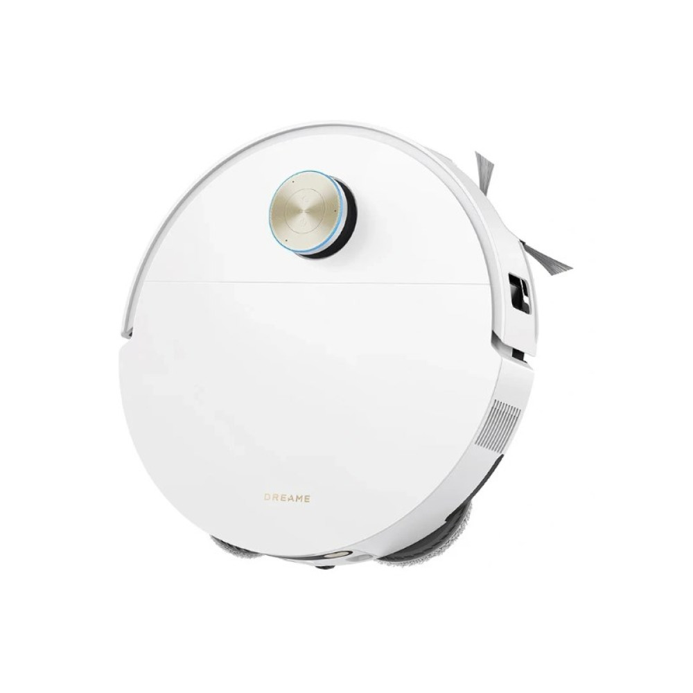 Un robot aspirapolvere bianco con pulsante dorato e accenti blu su sfondo bianco.