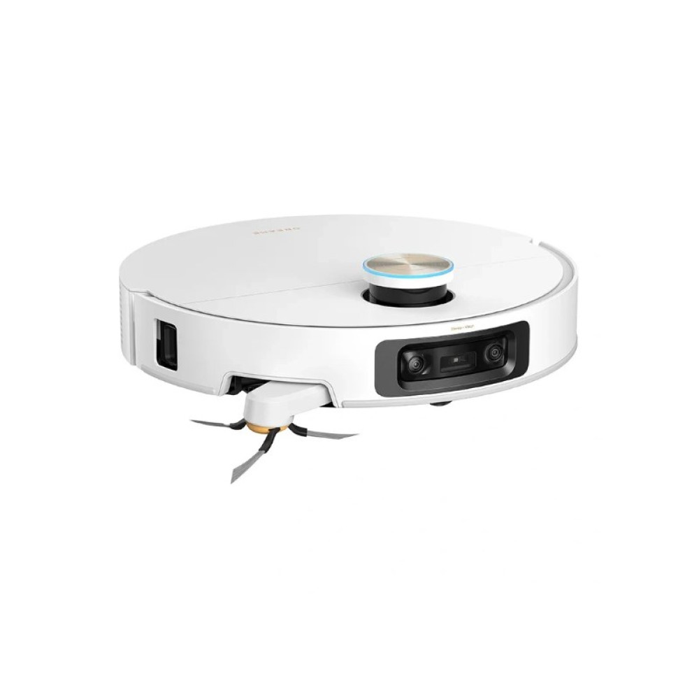 Un robot aspirapolvere bianco con spazzole anteriori e unità fotocamera.