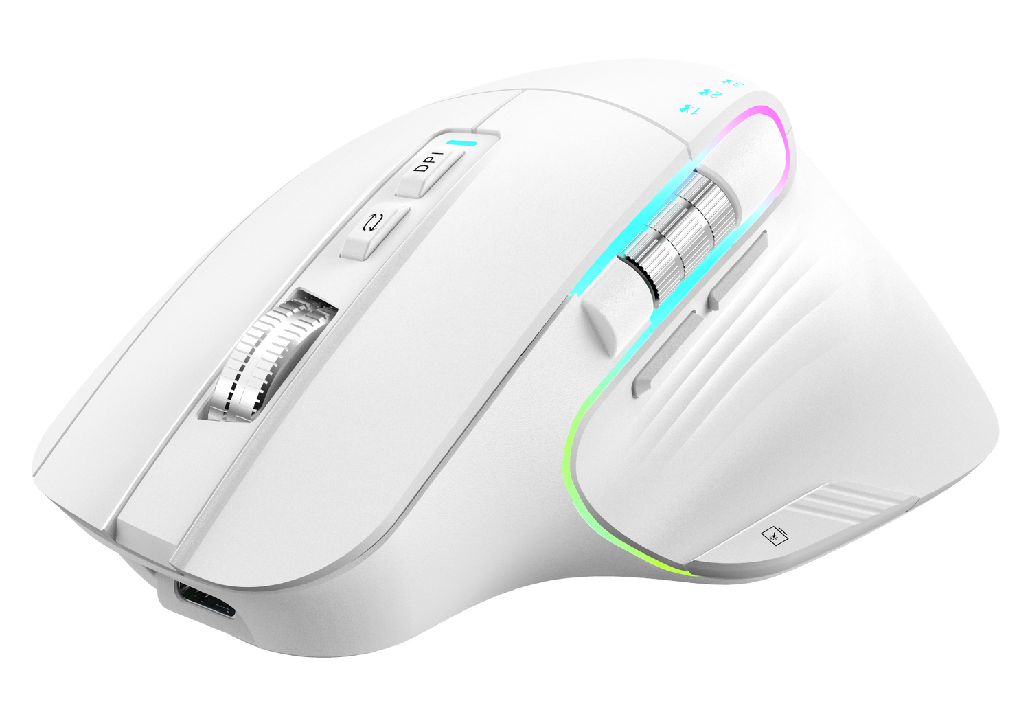 Biała mysz gamingowa z podświetleniem RGB, kółkiem przewijania i przyciskami DPI.