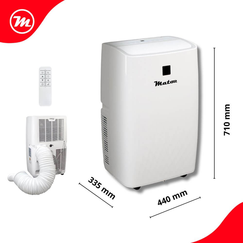 Una unidad de aire acondicionado portátil blanca con control remoto y manguera.