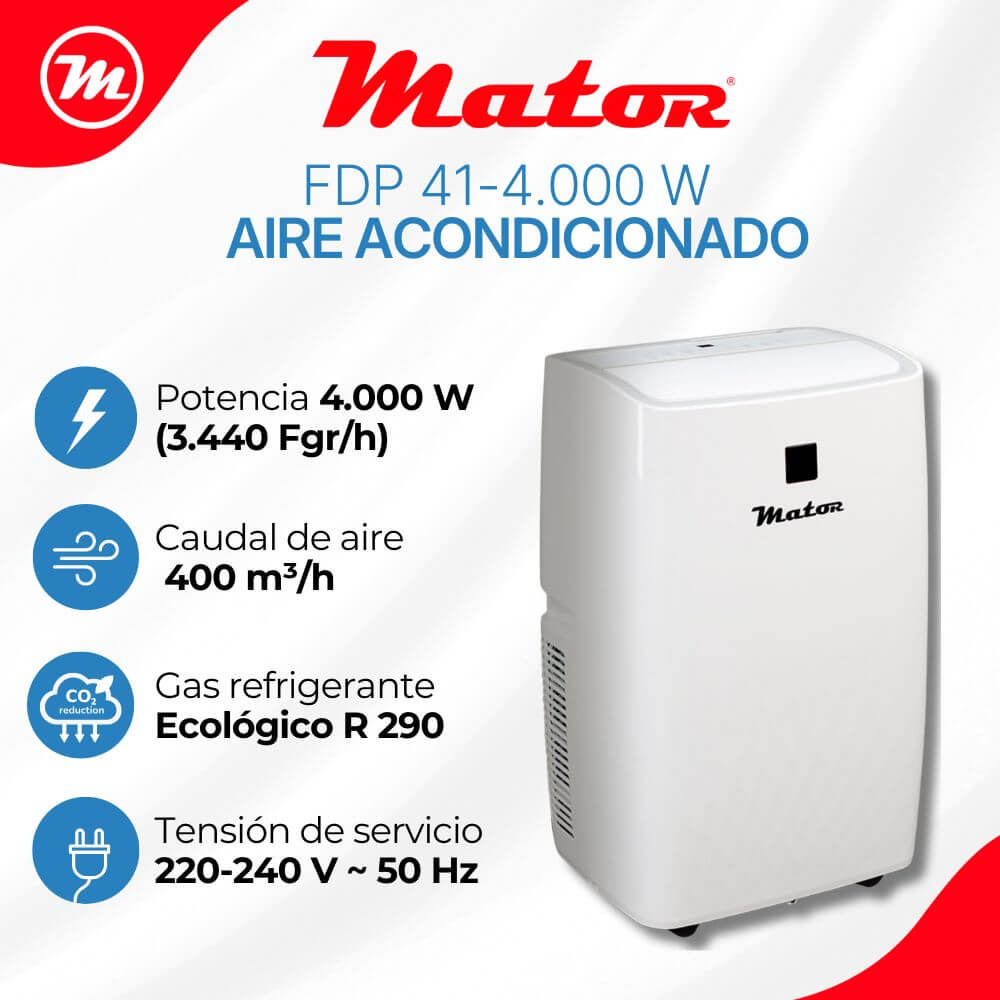 Un aire acondicionado portátil Mator blanco con especificaciones técnicas.