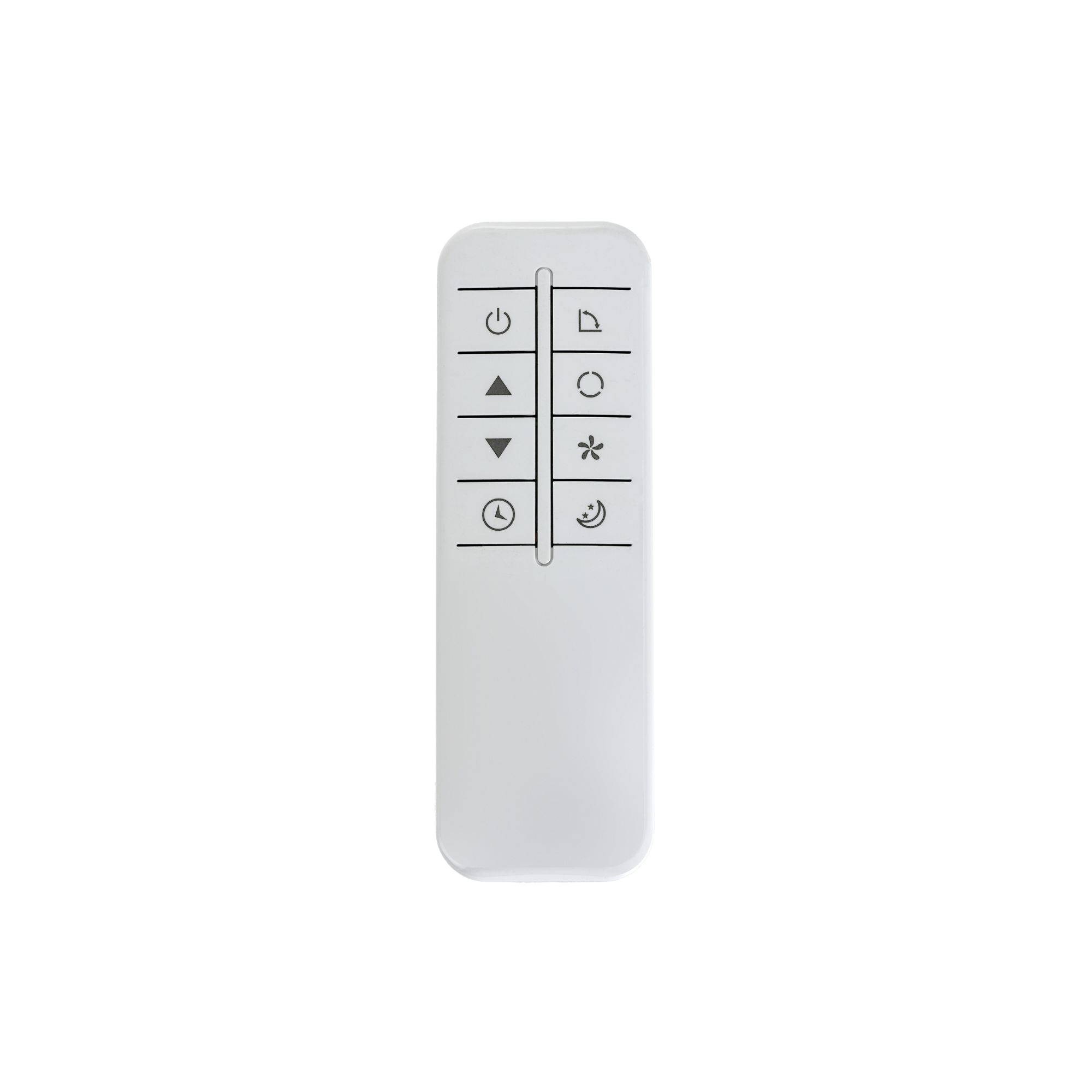 Mando a distancia blanco con iconos de encendido, temporizador, ventilador y luna.
