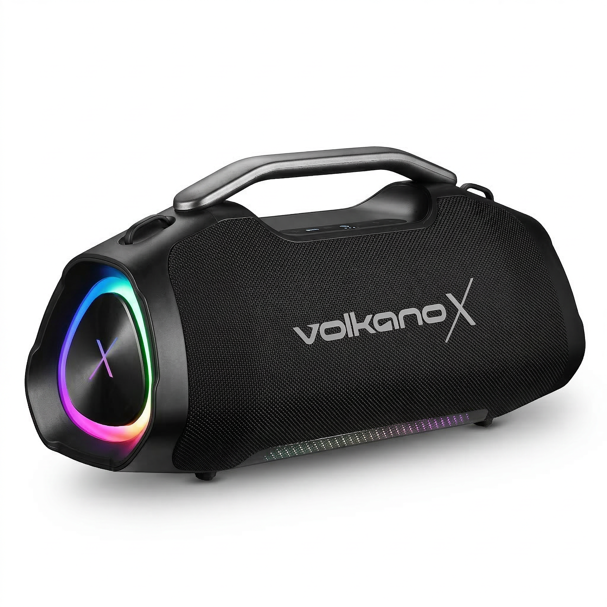 Ein schwarzer Volkano X Lautsprecher mit silbernem Griff und bunten LEDs.
