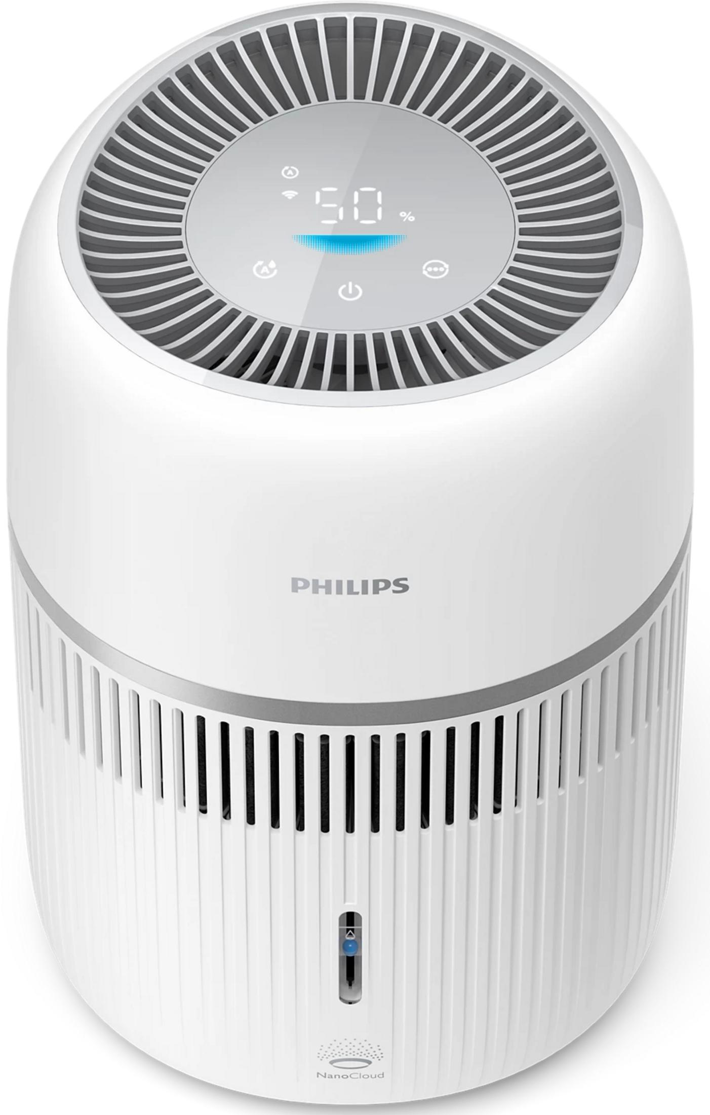 Ein weißer Philips Luftreiniger mit einem digitalen Display, das 50% anzeigt.
