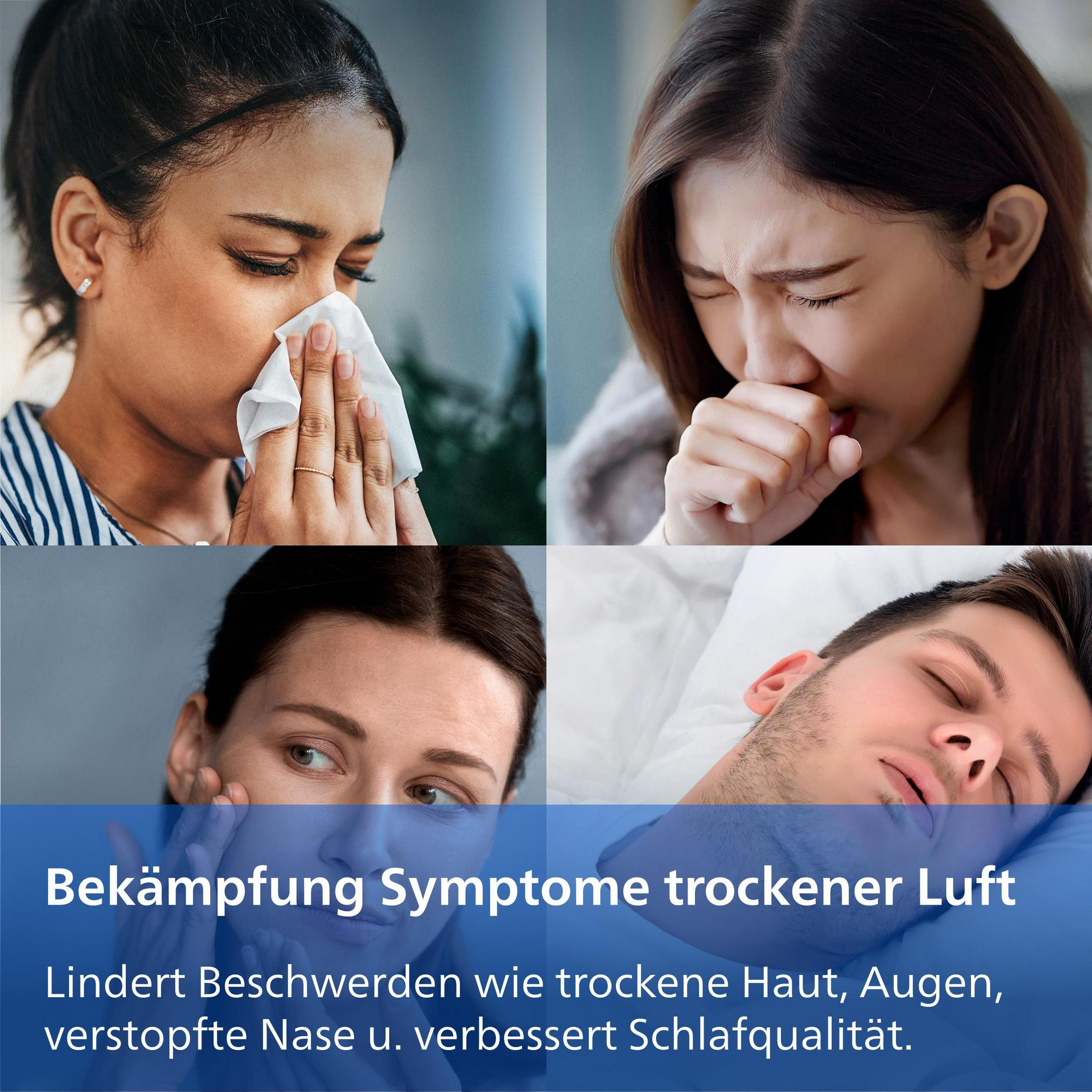 Vier Personen zeigen Symptome trockener Luft: Schnupfen, Husten, Haut.